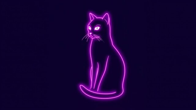 Neon pink cat illustration with glowing outline, sitting gracefully against a dark background, showcasing its sleek form and captivating gaze in a visually striking manner