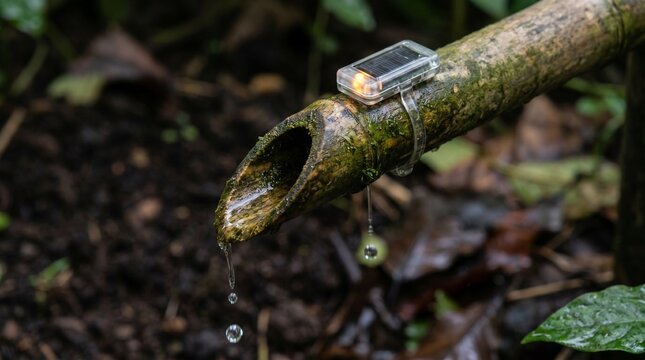 Small solar sensor mounted on bamboo water pipe in nature