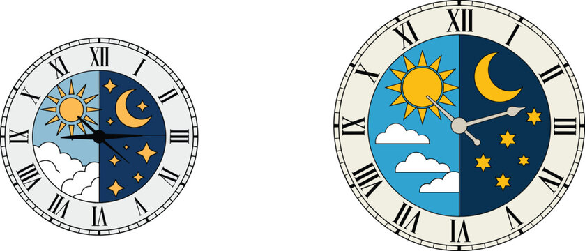 Astronomical clock vector illustration set with Roman numerals featuring sun and moon dial designs isolated on white backgroundAstronomical clock vector illustration set with Roman numerals featuring 