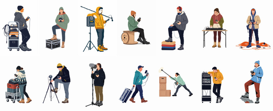 A collection of flat vector illustrations featuring diverse audio engineers and sound recordists using professional recording equipment like boom mics and field recorders.