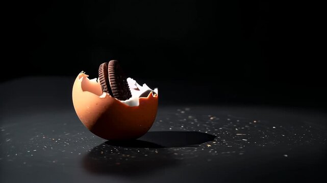 Chocolate sandwich cookies emerging from a cracked eggshell on a dark surface, showcasing a unique visual blend of food elements and textures in a creative setting