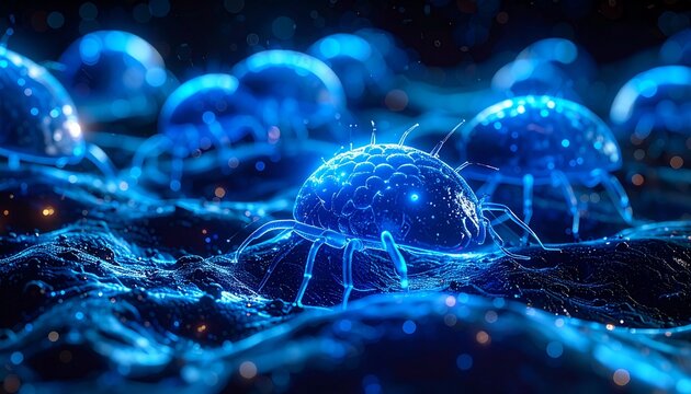 Abstract glowing blue nanobots or virus cells with legs under a microscope