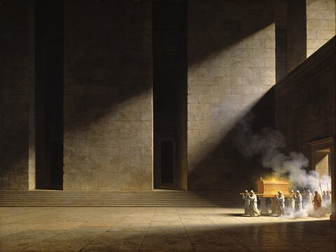 Baroque painting of priests carrying the golden Ark of the Covenant into a dark holy chamber with shadowed copy space