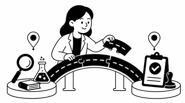 Scientist working on a curved road puzzle illustration.