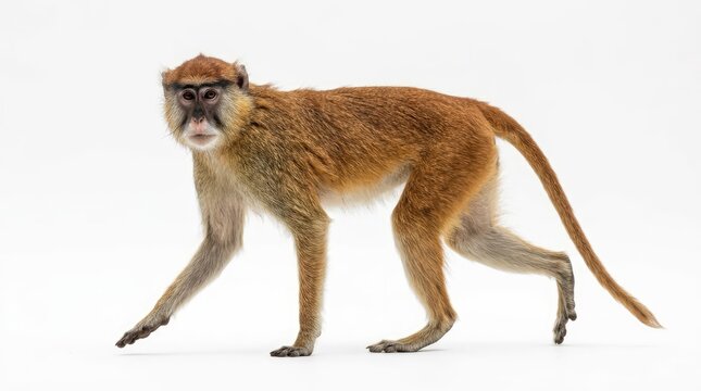 A striking Patas monkey in motion, captured mid-stride. Its reddish-brown fur and distinctive facial features stand out against a clean backdrop.