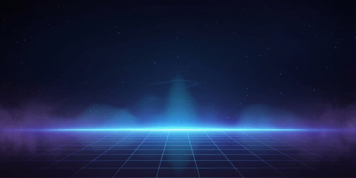 A glowing neon grid floor recedes into a smoky, futuristic abyss, illuminated by a vibrant blue light beam emanating from the center, creating an abstract, sci-fi atmosphere.