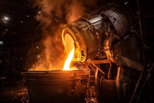 Glowing molten metal pouring from a large vertical industrial smelting furnace into a casting ladle.