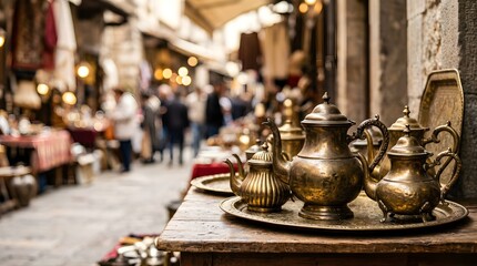 Fototapeta premium Vintage brass teapots displayed on a table at a traditional outdoor market