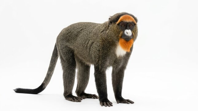 De Brazza's Monkey Isolated on White Background Showcasing Distinctive Beard and Facial Markings African Primate Wildlife Detail