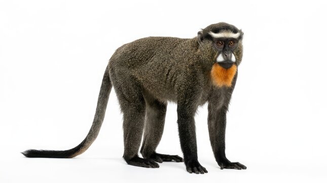 A wild monkey with dark fur and an orange face stands on four legs, looking at the camera with keen eyes