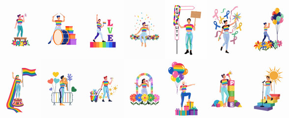 Fototapeta premium Comprehensive collection of flat vector illustrations featuring diverse people celebrating LGBTQ+ pride with flags, megaphones, balloons, and symbols of equality and love.