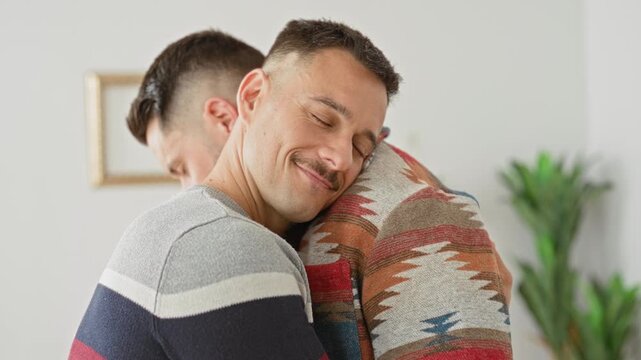Man hugs partner with cheek to shoulder in building, smiling eyes closed and patterned sweater visible; comfort intimacy.