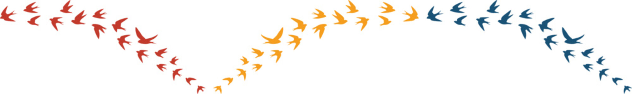 Abstract bird flight path vector, a dynamic wave of colorful flying birds in red, orange, and blue hues, symbolizing freedom, migration, and movement, ideal for nature-themed designs.