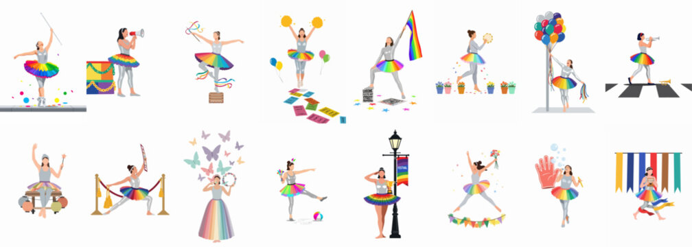 Set of illustrations featuring a woman in a rainbow tutu celebrating pride, festivals, and parades with various props and joyful activities.
