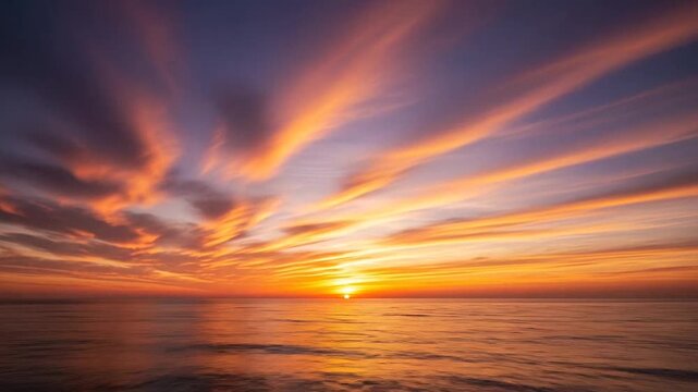 Dramatic orange sunset clouds over calm ocean horizon.