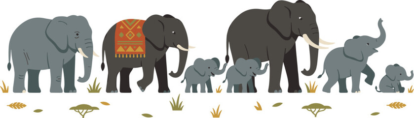 Art & IllusCute Elephant Family Herd Vector Illustration with Adult and Baby Elephants Walking Together in Safari Wildlife Flat Design Styletration © MinnatunAkter