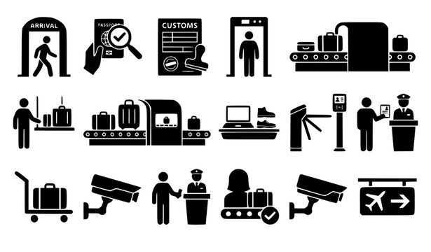 Airport security checkpoint and baggage screening vector icons set featuring conveyor belt xray scanner surveillance camera turnstile and customs