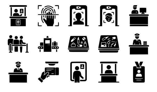 Airport security and immigration control black glyph icons set with passport check customs scanner metal detector fingerprint scanner and biometric identification