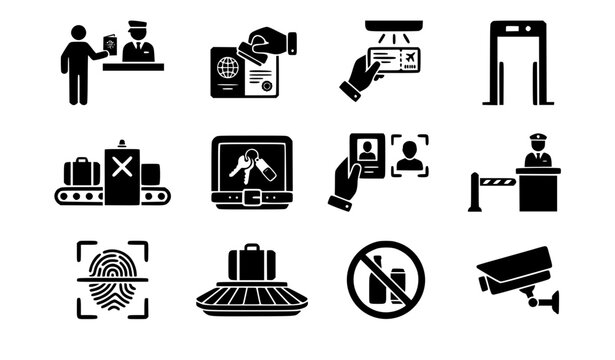 Airport security and border control icon set featuring passport inspection customs verification metal detectors luggage xray scanners biometrics facial recognition and surveillance systems.