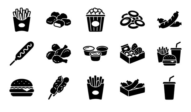 Fast food appetizers and takeout menu icon set featuring french fries, chicken nuggets, popcorn boxes, onion rings, corn dogs, fried drumsticks, burgers, and dipping sauces.