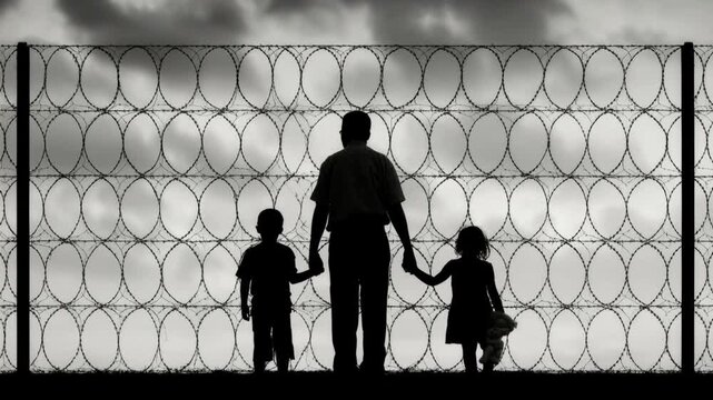 Silhouette of person holding hands with two children standing in front of barbed wire fence under dramatic cloudy sky at dusk or dawn