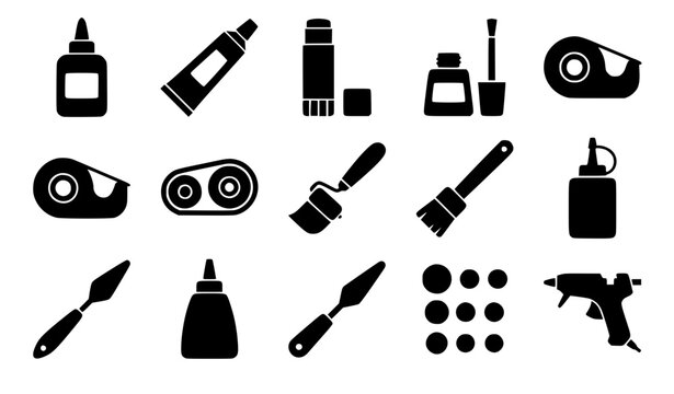 Adhesive supplies and craft bonding tools solid glyph icons set with glue stick bottle tape dispenser hot gun isolated vector graphic illustration