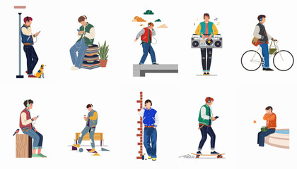 Fototapeta premium Collection of young men in stylish varsity jackets listening to music and using smartphones in various urban activities, flat vector illustration set.