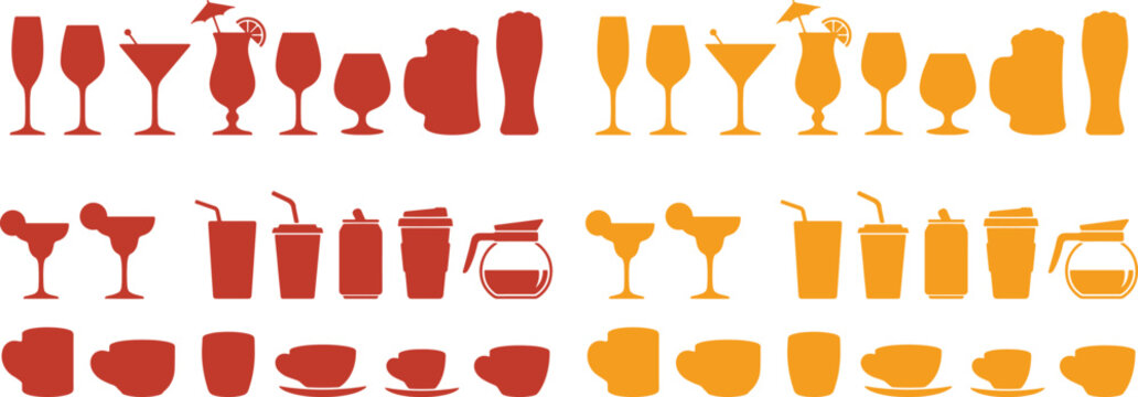 Beverage Glassware Icon Set, a comprehensive vector collection of drink containers for cocktails, coffee, and soda. Modern flat design elements in red and orange for menus and web interfaces.