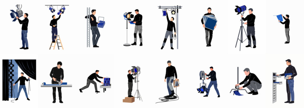 Set of professional lighting technicians and stagehands working with various studio and stage lighting equipment in a flat vector illustration style.