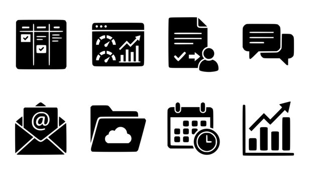 Project management and digital workspace black solid icon set featuring kanban board analytics dashboard user contract chat bubbles email cloud folder calendar and growth chart vector
