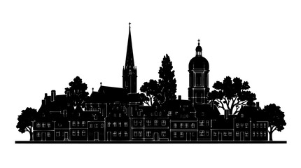Fototapeta premium Elegant Black Silhouette of a Historic European Town Skyline Featuring Classic Architecture, Including a Prominent Church Spire and Traditional Houses, Ideal for Design Elements and Emblems