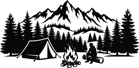 Camping adventure vector illustration, serene mountain landscape with tent and campfire. Outdoor recreation graphic, nature exploration and wilderness travel design element. © Farzana