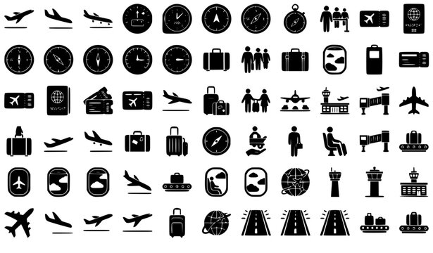 Airport travel and aviation mega black solid icon bundle featuring airplanes dials clocks passports luggage control towers passengers runways boarding passes and suitcases vector