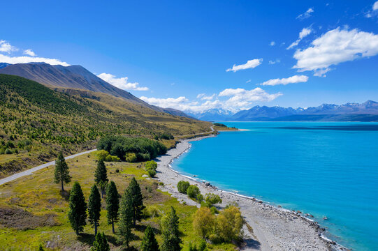 Aerial view over glacial Lake Pukaki