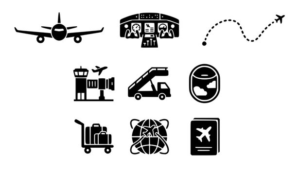 Airport travel and aviation black solid icon set featuring airplane cockpit flight path control tower passenger stairs window luggage cart passport and ticket vector