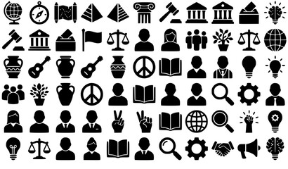 History geography law and social studies mega black icon bundle featuring scales gavel globe columns peace signs gears lightbulbs maps books and user profile symbols vector © MdIbrahimIslam