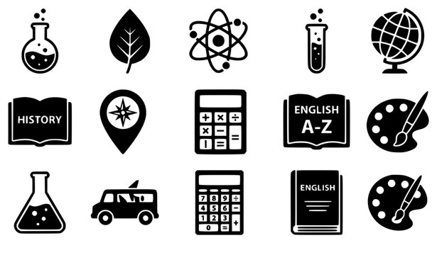School subjects and science education black solid icon set featuring laboratory flasks atom globe calculator book leaf map pin art palette and school bus vector