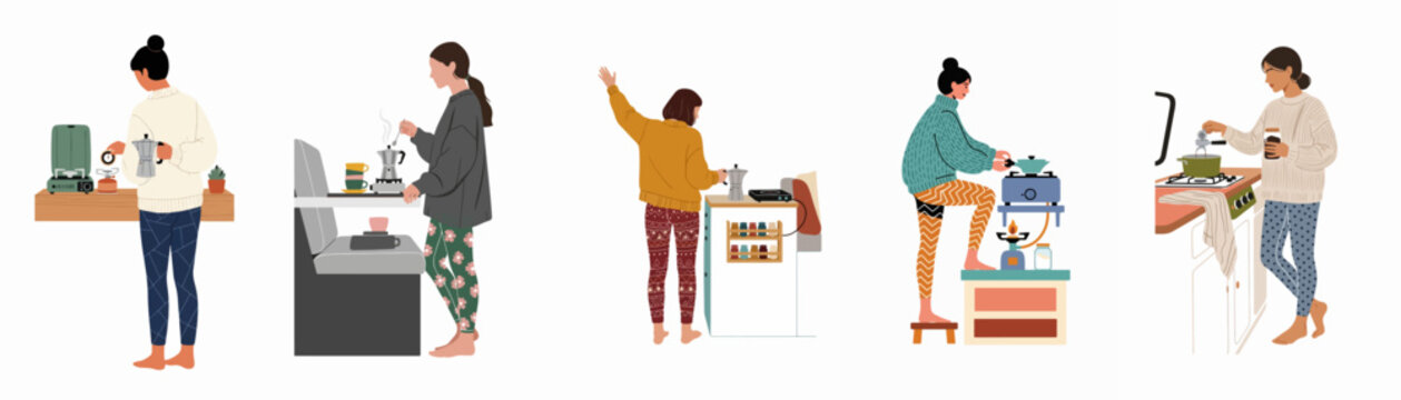 Collection of women preparing coffee and cooking inside camper vans, showcasing cozy van life and nomadic lifestyle in a flat illustration style.