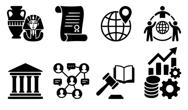 Global history economics and social studies black icon set featuring pharaoh artifact scroll globe court gavel network network connection coins and growth chart vector