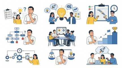 Fototapeta premium Business Problem Solving and Strategic Decision Making Vector Illustration Set