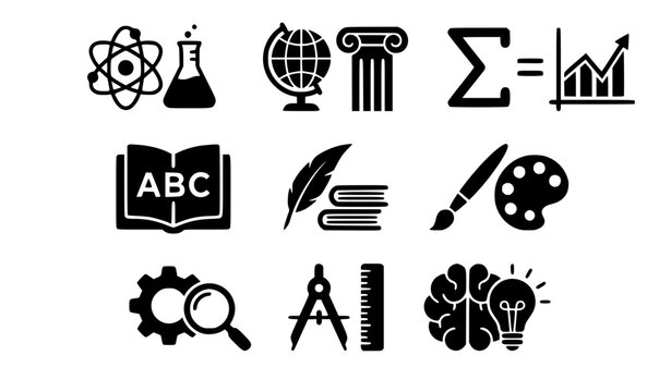 Education and academic subjects solid black icons set featuring science history math literature art and brain bulb symbols vector illustration collection