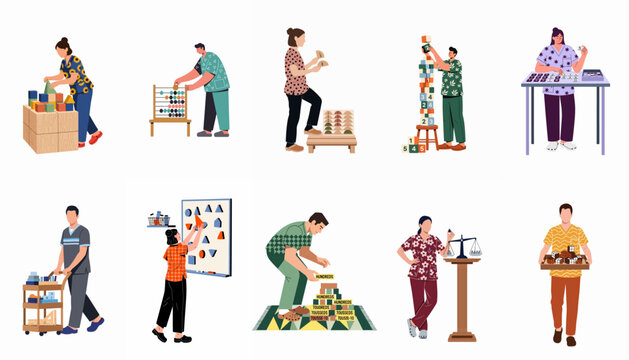Collection of diverse people and professionals using educational tools, manipulative materials, and cognitive games for learning and development in a modern flat illustration style.