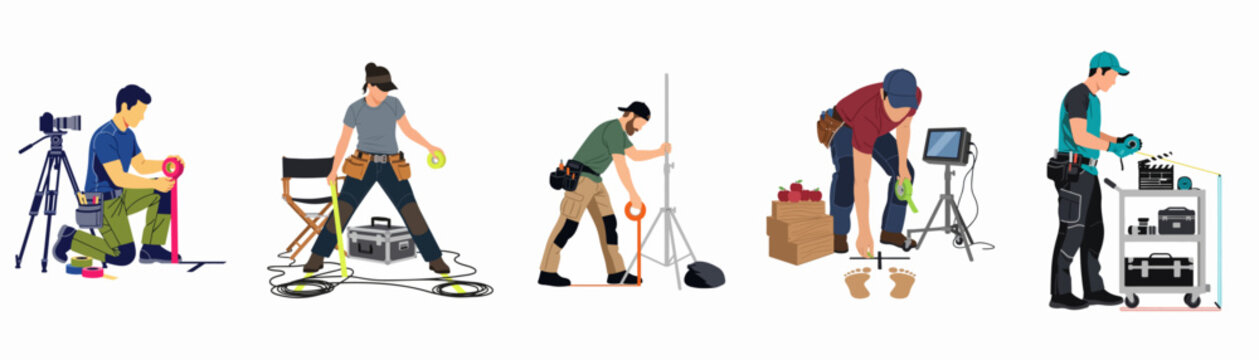Set of professional film crew illustrations showing camera assistants marking floor positions and preparing equipment on a movie production set.