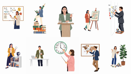 Fototapeta premium A set of flat vector illustrations featuring diverse professionals and educators engaged in teaching, learning, researching, and various office activities on white background.