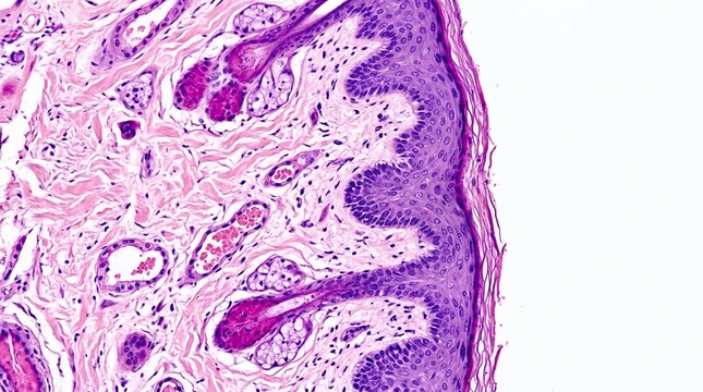 Microscopic view of human skin tissue with H&E staining