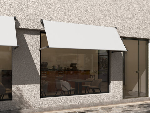 Blank White Awning Store with Transparent Window for Store Sign Mockup 3D Render