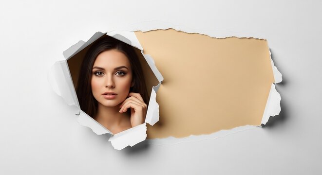 Portrait of a beautiful woman looking through a hole in white ripped paper.