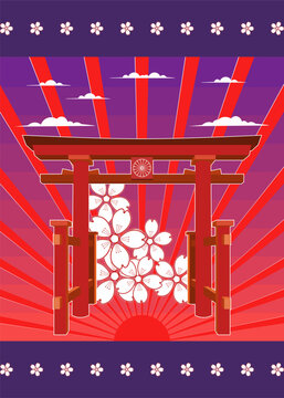 Bright vector poster. Wooden japanese traditional torii gate. Land of rising sun. Nature and culture of Japan. Ancient landmark. Decorative design element. Stylistic sakura flowers. Gradient banner