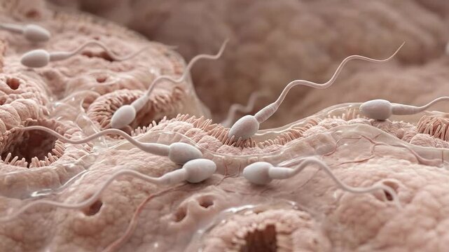 Gamete voyage progress: human reproduce, internal journey, sperm navigate, fertilize ovum, embryonic develop, microscopic view, biological process, female system, cell division.