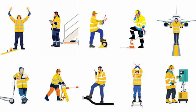 Vector illustrations of airport ground crew members in high-visibility uniforms performing various technical, maintenance, and marshalling tasks on an airfield.